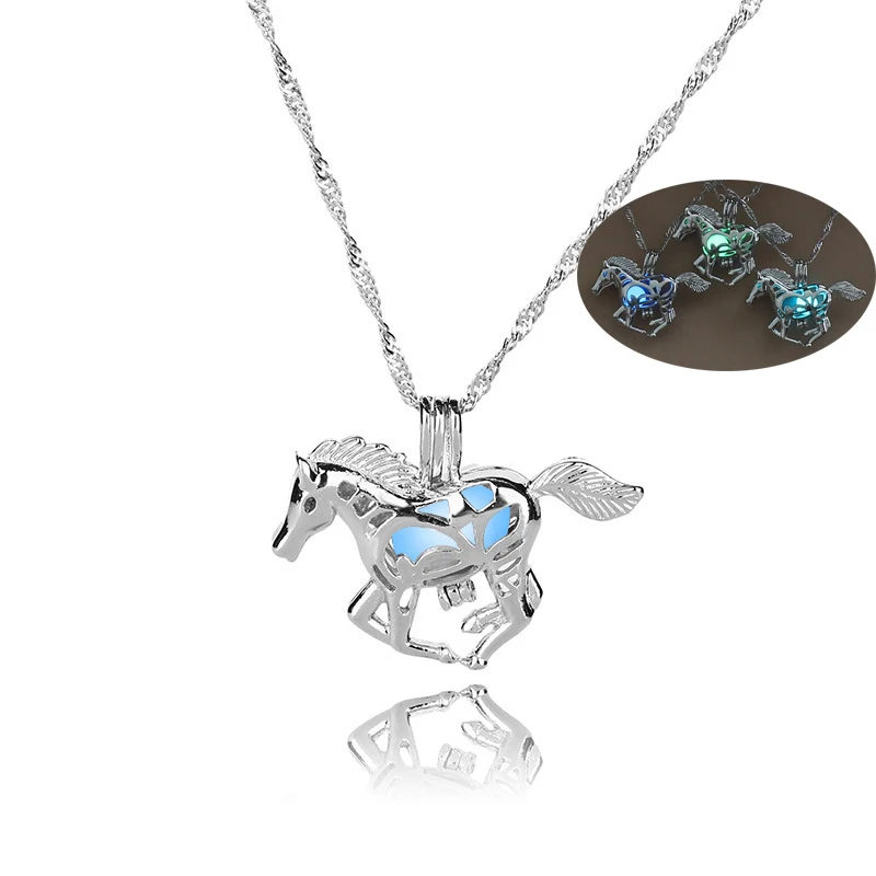 Hot sale Glow in the Dark animal Horse necklace luminous Hollow pearl cage pendant necklaces For women s Fashion Jewelry