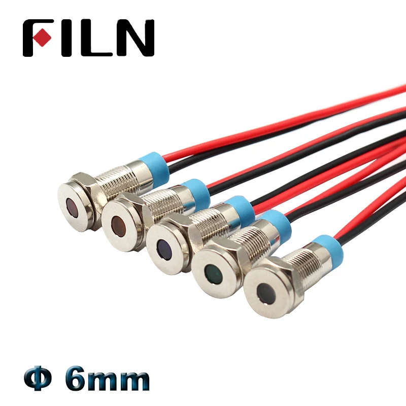 FILN 6mm 12v mini Metal LED Pilot Panel Dash Signal Indicator Warning light 14cm cable Chrome Finish Car Boat Marine pilot lamp