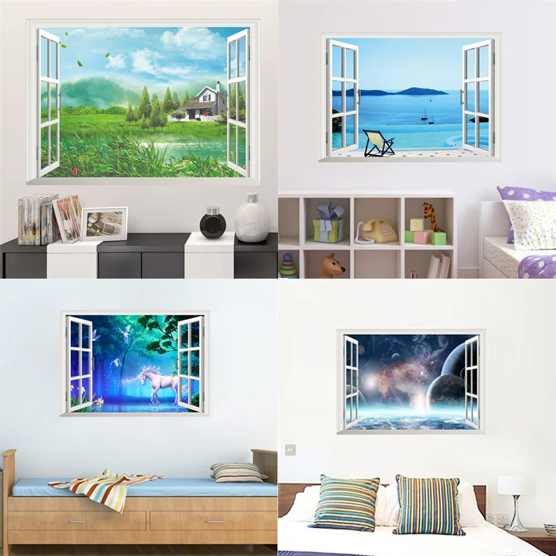 3d Fake Window Wall Stickers For Office Living Room Bedroom Home Decoration Sea Hill Animal Forest Space Scenery Mural Art Decal