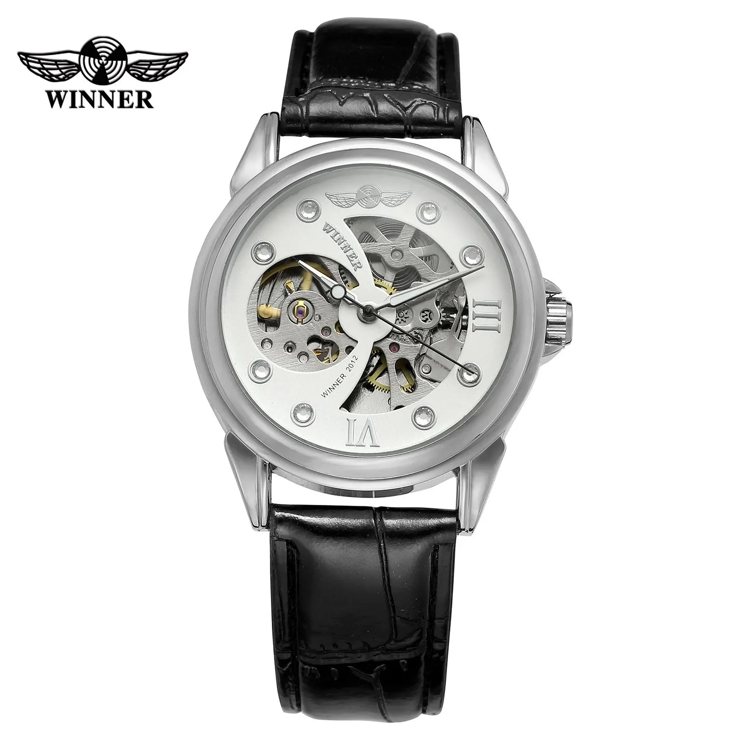 

Fashion Winner Top Brand Men's Watch Mechanical Hand-wind Leather Crystal Analog Classic Band Casual Wristwatch Gold Color Black