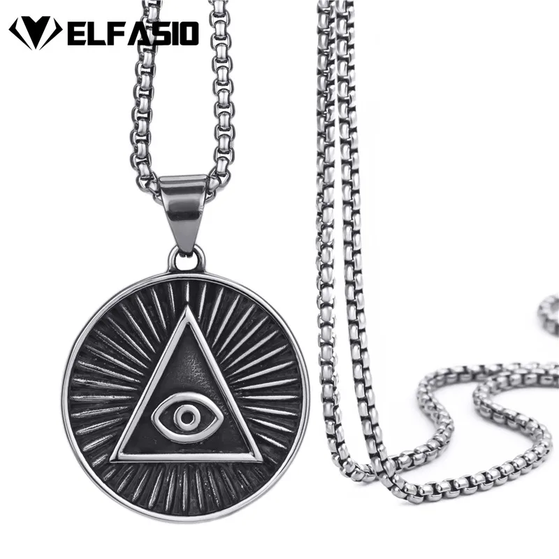 

Mens Stainless Steel Pendant Necklace Illuminati The All-seeing-eye illunati pyramid/eye symbol Chain Jewelry 45-90cm