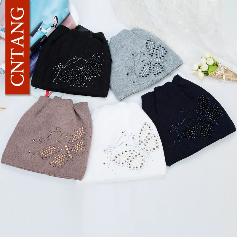 CNTANG Winter Knitted Velvet Warm Hats Cute Cat Ears With Butterfly Skullies Beanies Women Fashion Caps Casual Hat For Female