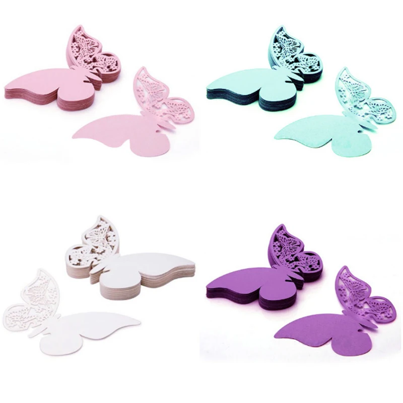 50Pcs/Lot Wine Glass Paper Butterfly Cut-out Place Escort Cards for Wedding Party Home Decorations Pink Purple White Blue