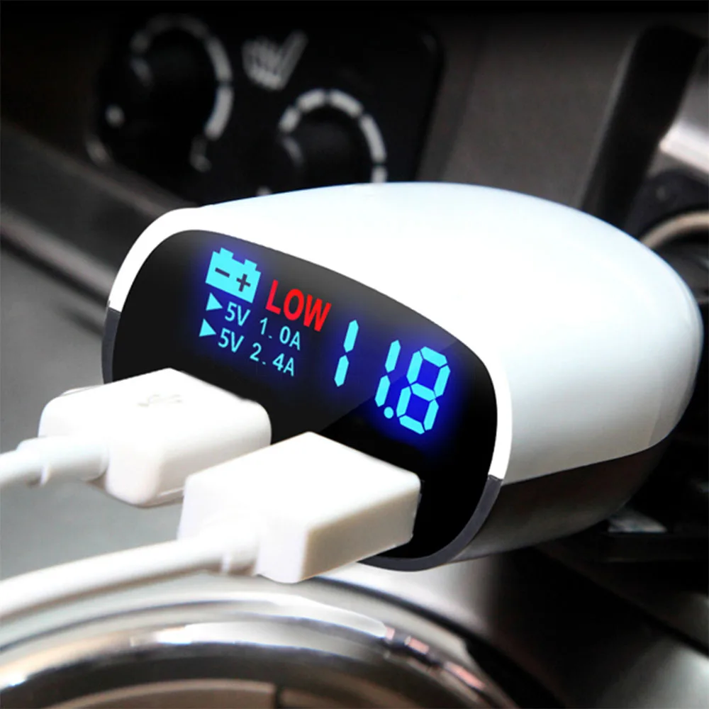 

2.4A+1.0A Dual USB Output Car Charger Socket Phone Power Adapter Digital Voltmeter Current Tester LCD Display Universal