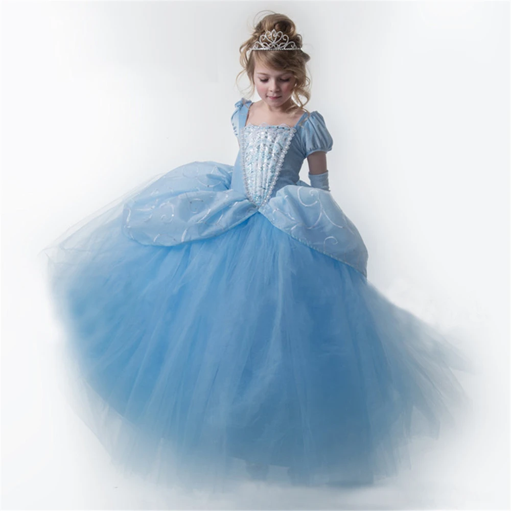 Girls Blue Ball Gown New Movie Princess Cosplay Elsa Costume Fairy Tail Blue Children Wedding Party Elegant Sheer Prom Dresses