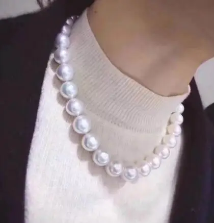 free shipping noble jewelry classic 12-14mm south sea round white pearl necklace