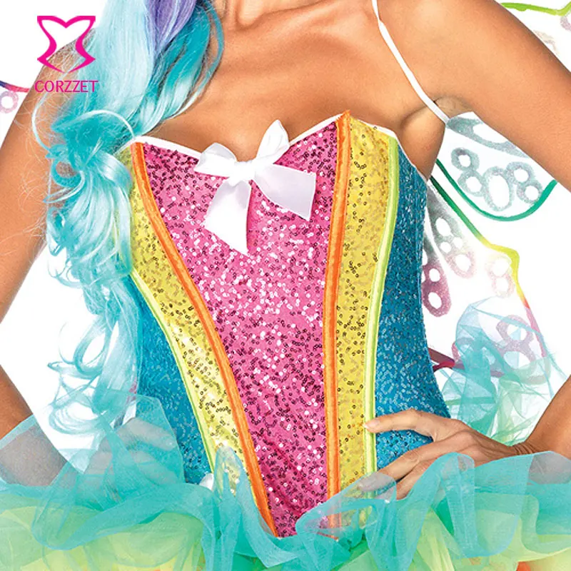 Rainbow Sequin Overbust Corset Top Bustier Mujer Women Burlesque Rave Clothes Sexy Corsets Espartilho Unicorn Costume Corselet