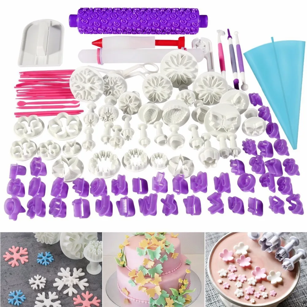 96pcs Cake Decorating Tools Plunger Fondant Cake Pastry Cutters Baking Tools Dough Roller Rolling Pin Full Set K348