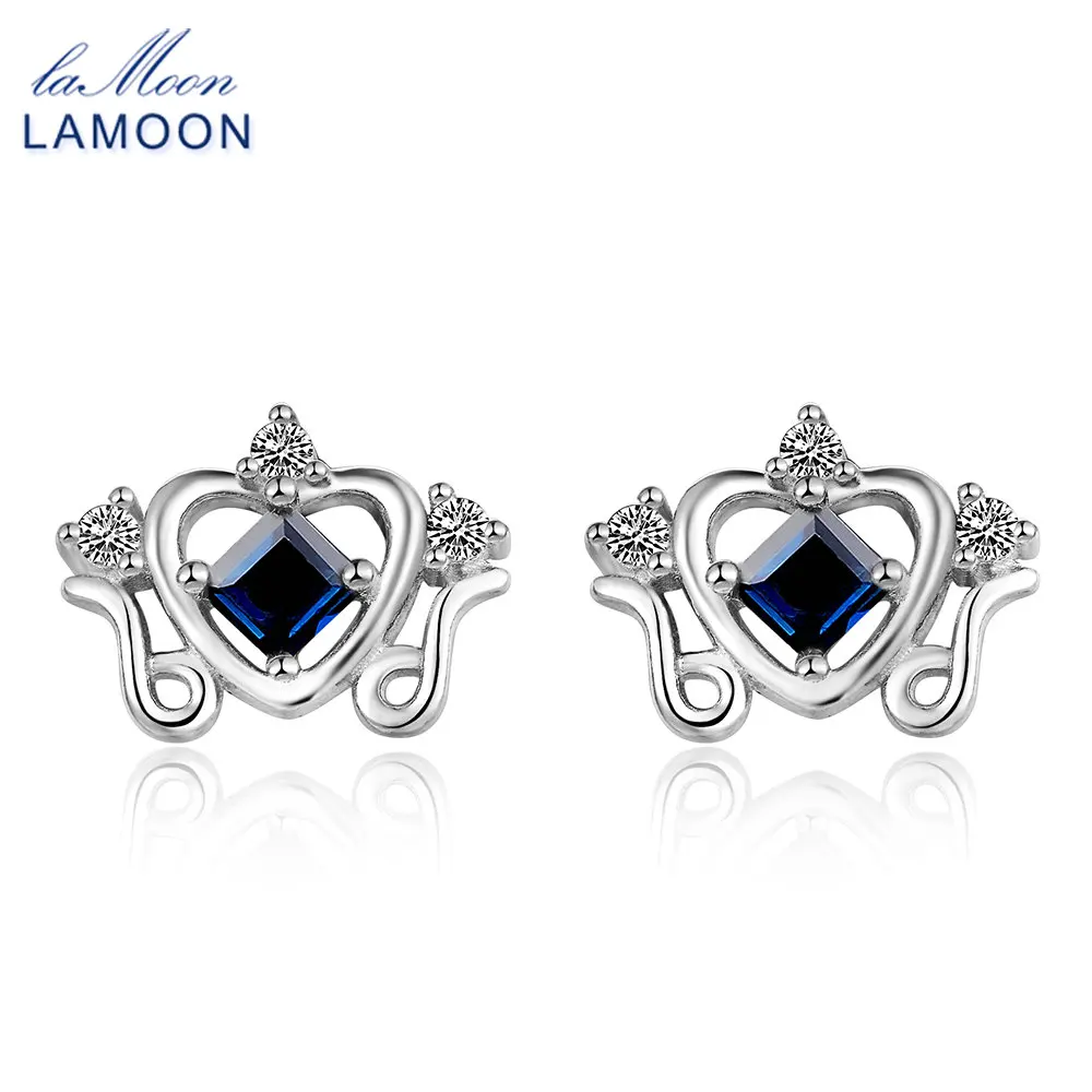 

LAMOON Princess Cut 0.2ct 100% Real Sapphire 925 sterling-silver-jewelry Crown Stud Earring S925 LMEI044