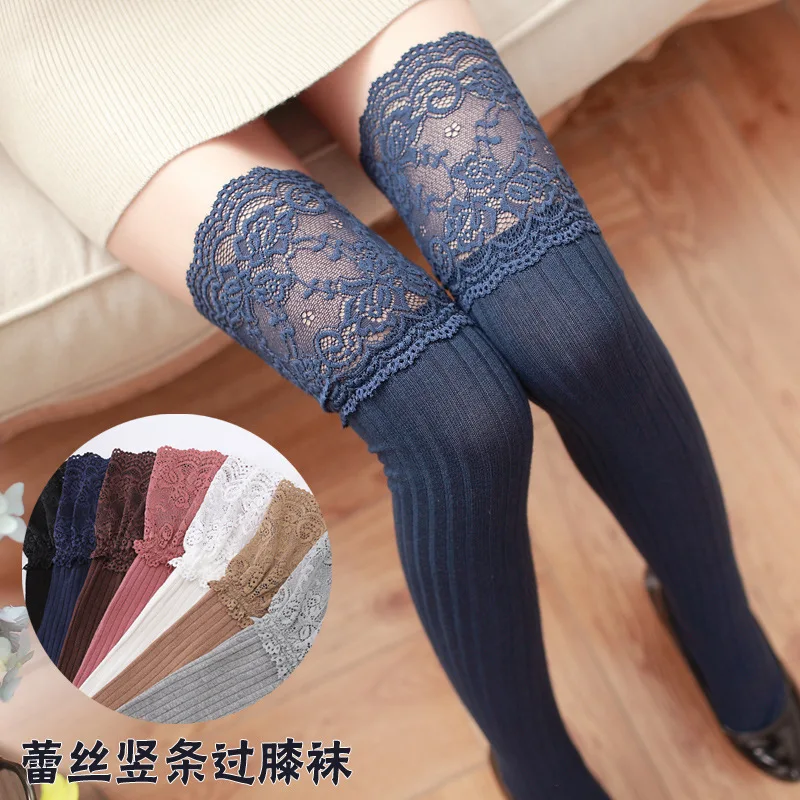 

3pair/lot Japanese Lovely Style Lace Knee Stockings Vertical High Tube Pure Cotton Bottoming Over Thigh Elastic Lady Stockings