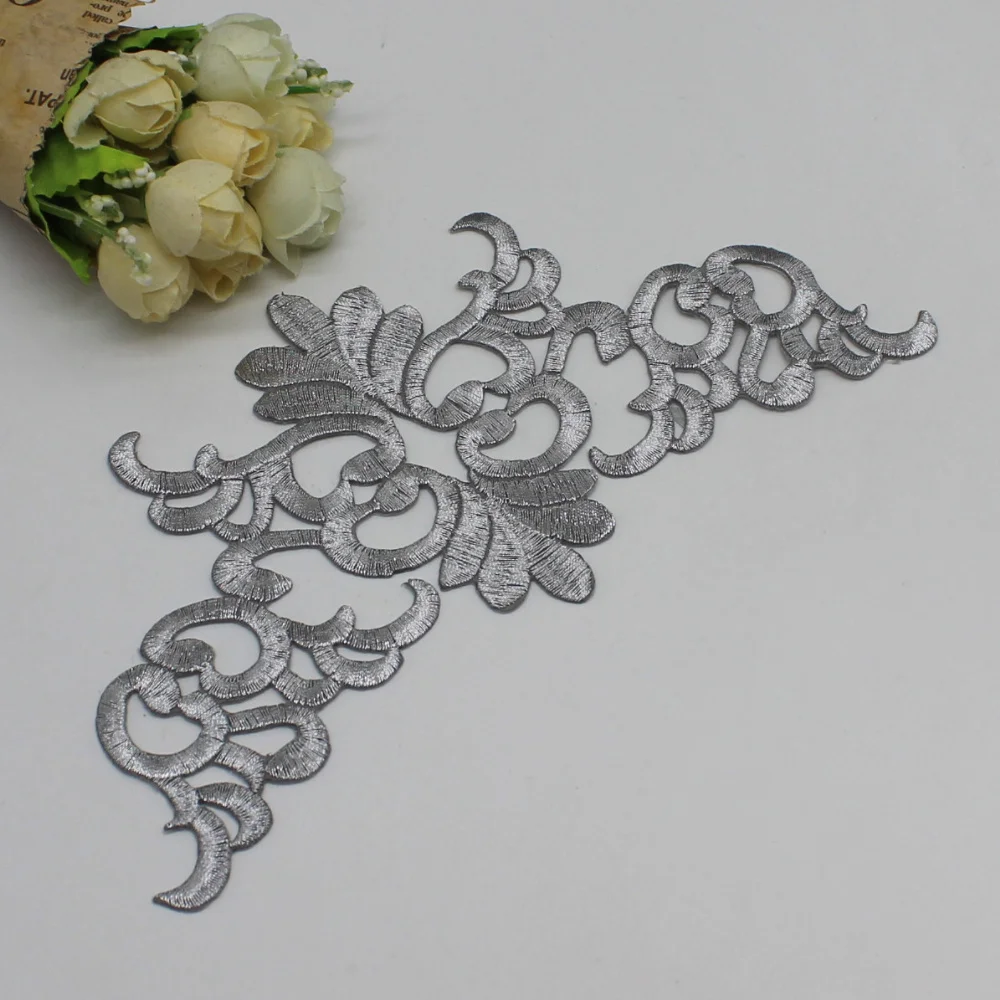 Gold Embroidered Patches Iron On Appliques Flower Vintage Diy Trims Shiny Metallic Gold And Silver 20cm*9.5cm