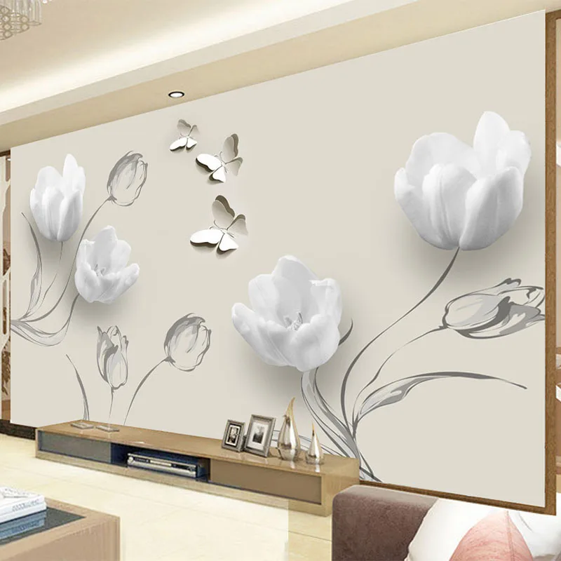 

Custom Mural Wallpaper Modern 3D Stereo Tulip Butterfly Flowers Wall Painting Fashion Living Room Home Decor Wall Papers For 3 D