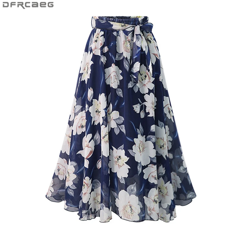 

New Plus Size Women Chiffon Skirt Europe Fashion Bow Saia Midi Lining Jupe Femme Lace Up Falda Mujer Summer Print Floral Skirts