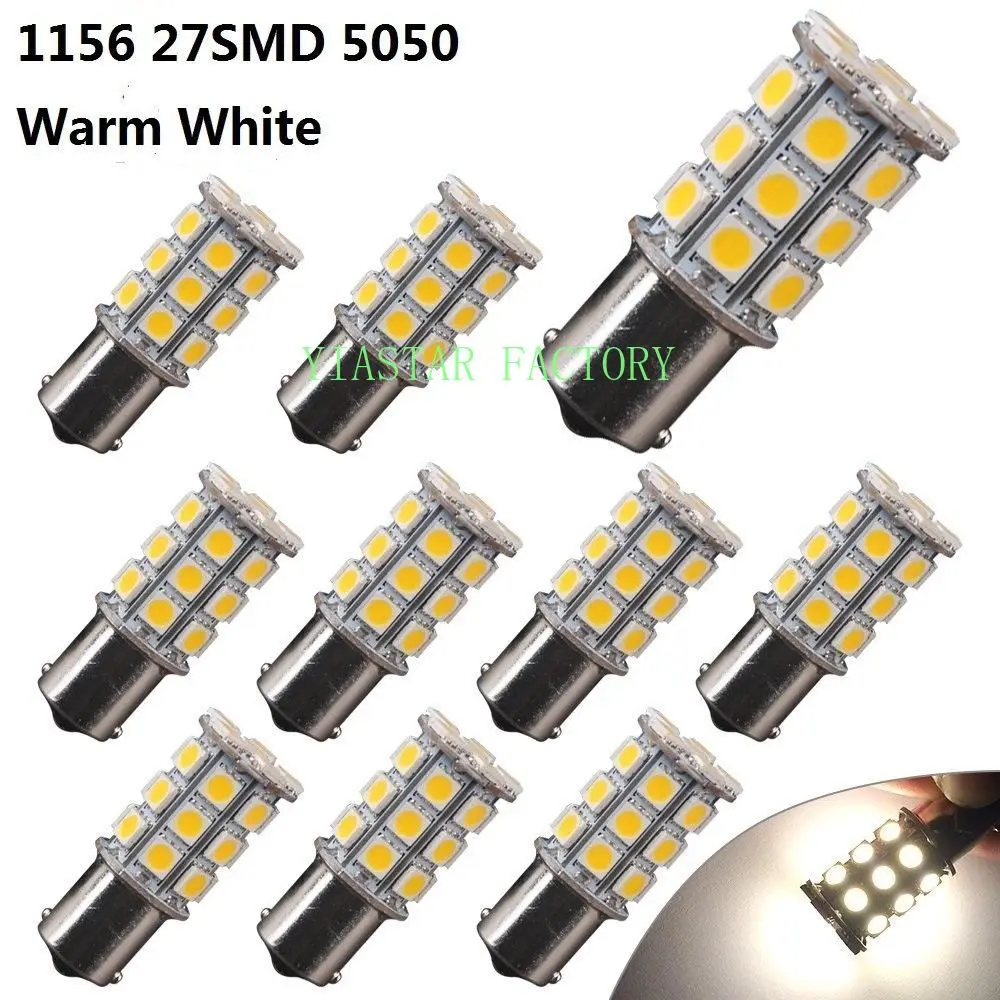 Yiastar 10pcs/lot 1156 27SMD 5050 LED Brake LED Bulb BA15S P21W White Warm White Auto Brake Reserse Signal Lights Lamps Bulb