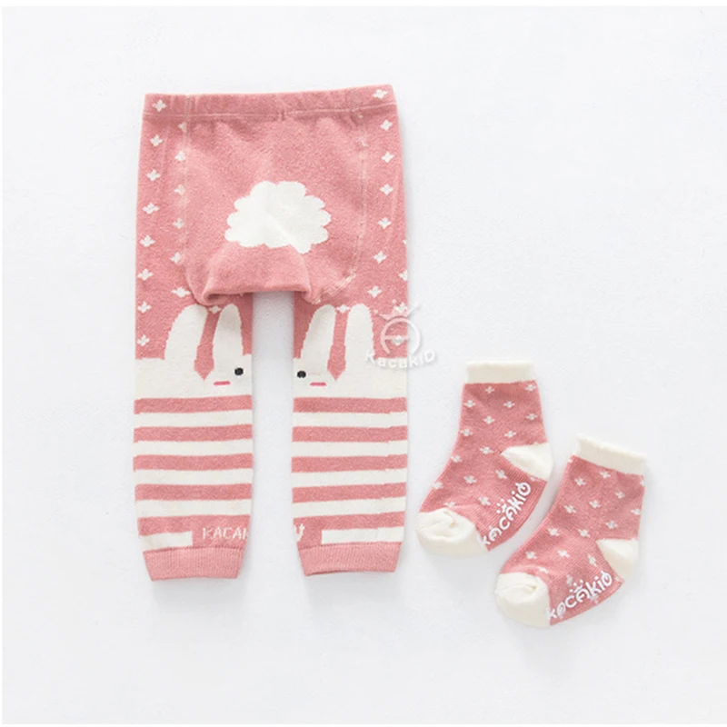 Baby Boy Girl Cartoon PP Pants With Sox Infant Toddler Animal Cotton Elastic Panti Hose Skinny Pants Kids Tights Spring