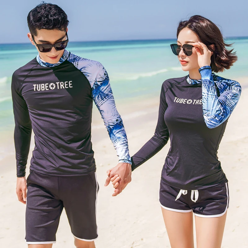 Rash Guards Men Women 2 Pieces Long Sleeve Shirt Shorts Black Couples Swimwear Surfing Bathing Suits Rashguard Wetsuits Hotsale