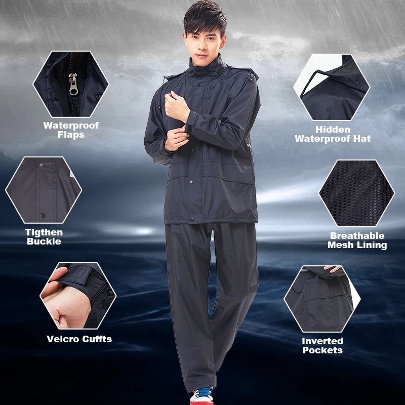 QIAN RAINPROOF Professional Outdoor Raincoat Hidden Rainhat Thicker Mesh Lining Safety Reflective Tape Design Super Rainsuit