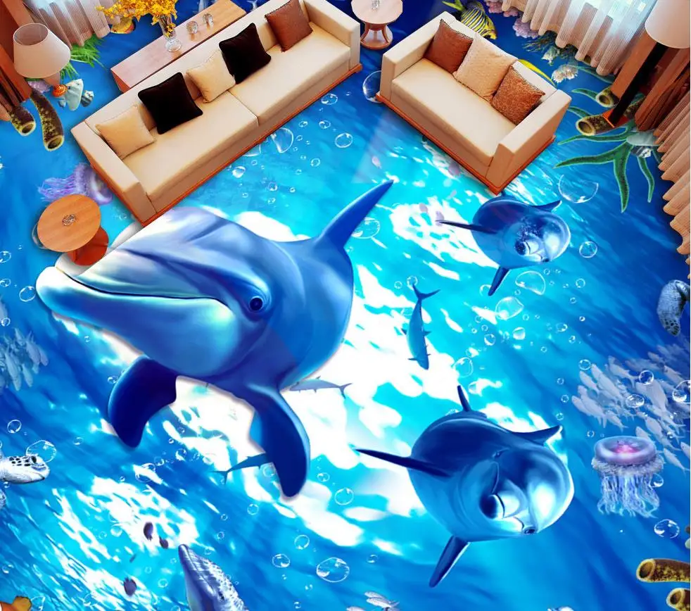 

3d floor painting wallpaper Underwater World Dolphin Aquatic Turtle Marine 3D Floor Design 3d pvc wallpaper 3d flooring