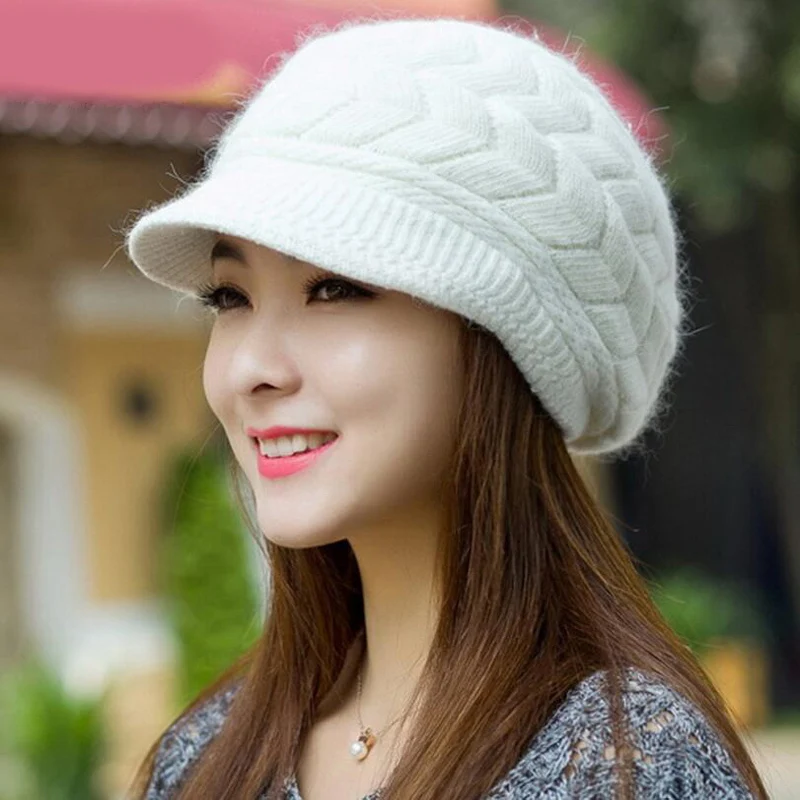

women winter fur hat cap Set flowers Caps Lady Headgear warm Beanies Women's Winter Hats Rabbit Fur Knitted Beanies