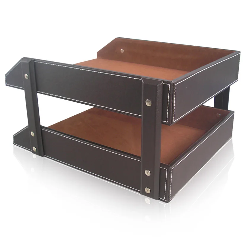 File Tray Double Layers Desk Set Document Organizer PU Leather Magazine Rack For Office Supplies A4 Paper Storage Tray Holder