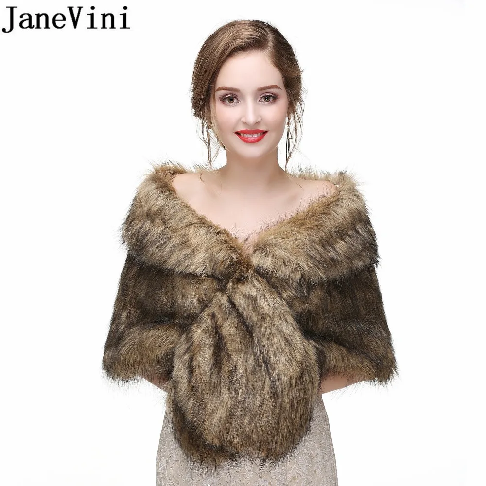 JaneVini Elegant Women Winter Wraps Faux Fur Wrap Bridal Shawls Boleros For Wedding Evening Party Fox Fur Capes Stoles Jacket