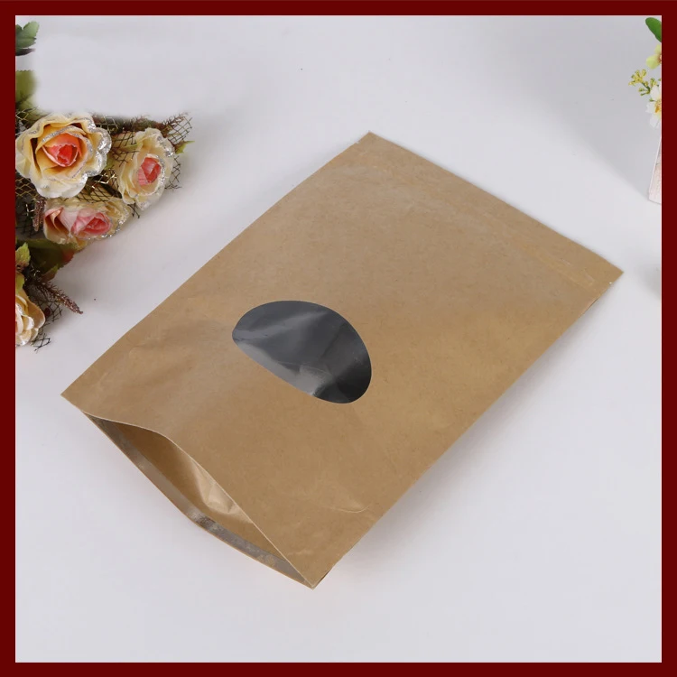 500 unids/lote 13x18 bolsa de papel Kraft marrón con ventana redonda de pie con cremallera/cerradura con cremallera bolsa de embalaje de joyería bolsas de papel para regalos/té