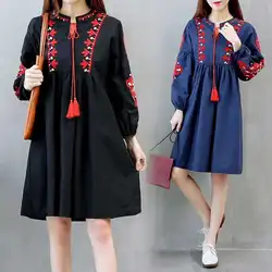 2021 Women Vintage Floral Embroidery Dress Drawstring Tie Tassels Long Sleeve Faldas Festa Casual Brand Loose Retro Dresses