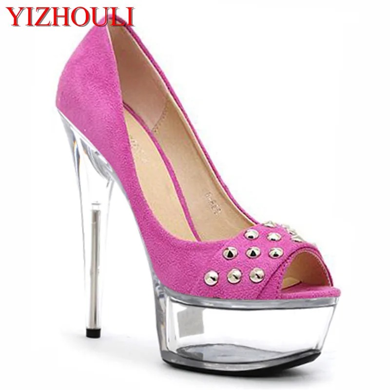 

Super high heel willow nail crystal and rose red, suede fish mouth single shoe 15cm ultra high fine and dancing shoes