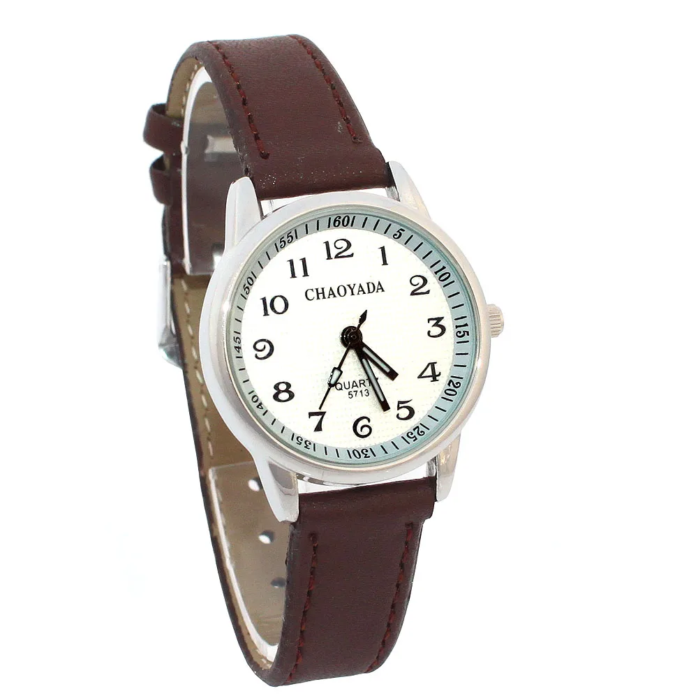 Montre à quartz avec bracelet en cuir pour enfants, facile à lire, mouvement, boîtier argenté, 10 couleurs, 28mm