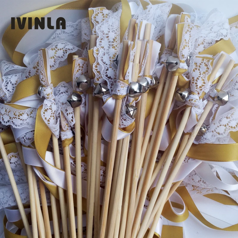 Newest 50pcs/lot White Lace wedding wands with sliver bell for wedding decoration