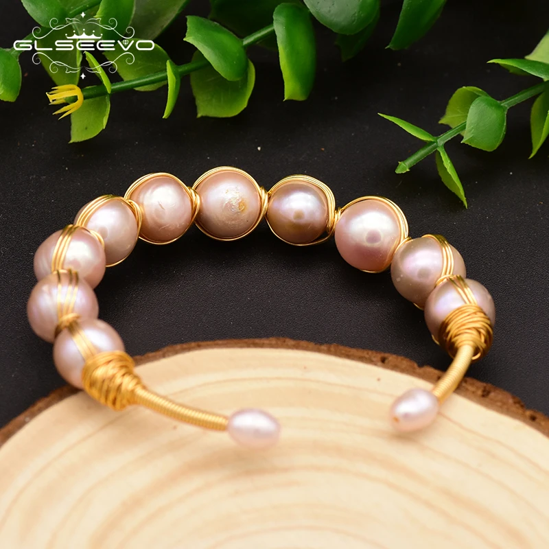GLSEEVO Original Design Natural Fresh Water Purple  Pearl Handmade Open Bangle For Women Bride Wedding Luxury Jewelry GB0117