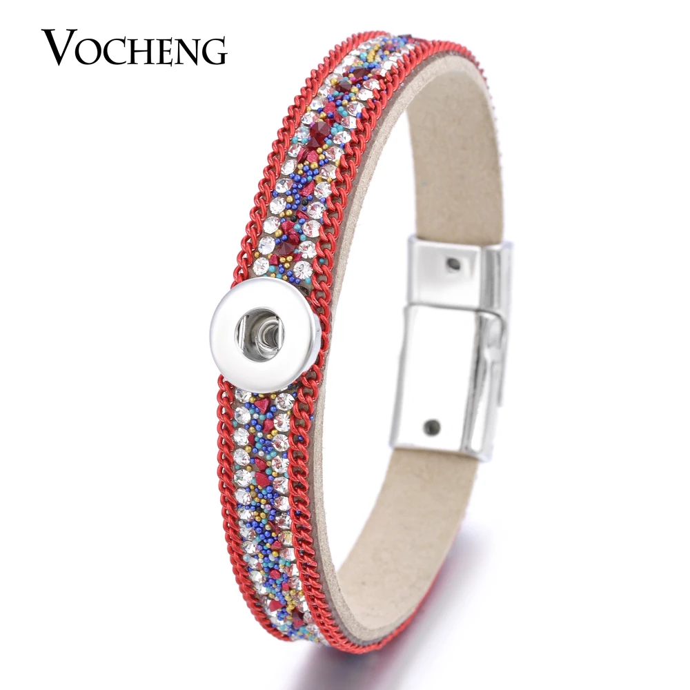 Vocheng 7 Colors Leather Bracelet Inlaid Colorful Crystal Metal Chain Magnet Clasp Small 12mm Snap Jewelry NN-463