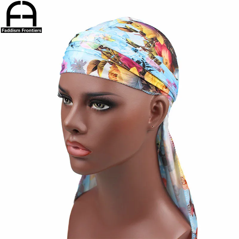 Fashion Men\'s Print Silky Durags Bandanas Turban Headband Silk Men DuRag Floral Waves Caps Turban Headwear Hair Accessories