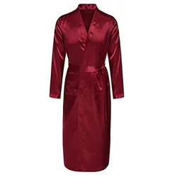 Burgundy Mens Robe Hot Sale Faux Silk Kimono Bath Gown Bathrobe Nightgown Sleepwear Hombre Pijama Size S M L XL XXL ZhM055