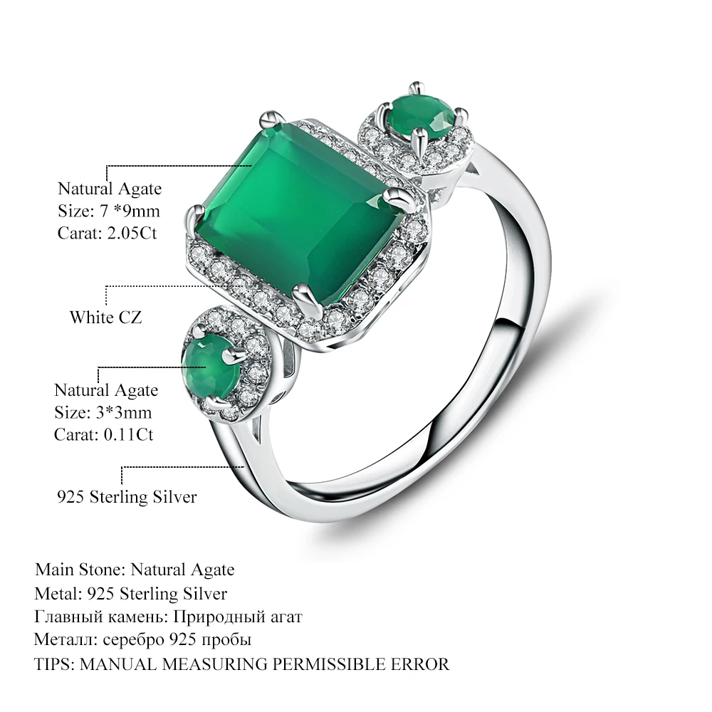Gem\'s Ballet  2.28Ct Emerald Cut Natural Green Agate Gemstone Vintage Rings Solid 925 Sterling Silver Fine Jewelry For Women