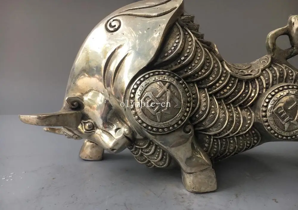 28CM 11''tibetan bronze silver carved home fengshui beast animal wealth bull ox