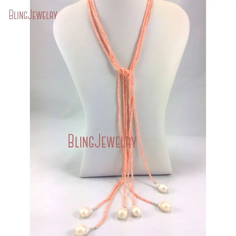 Pink Coral Crystals Baroque Pearl Lariat Necklace Faceted   Beads Silver Accent Big  Freshwater Pearls LN24136