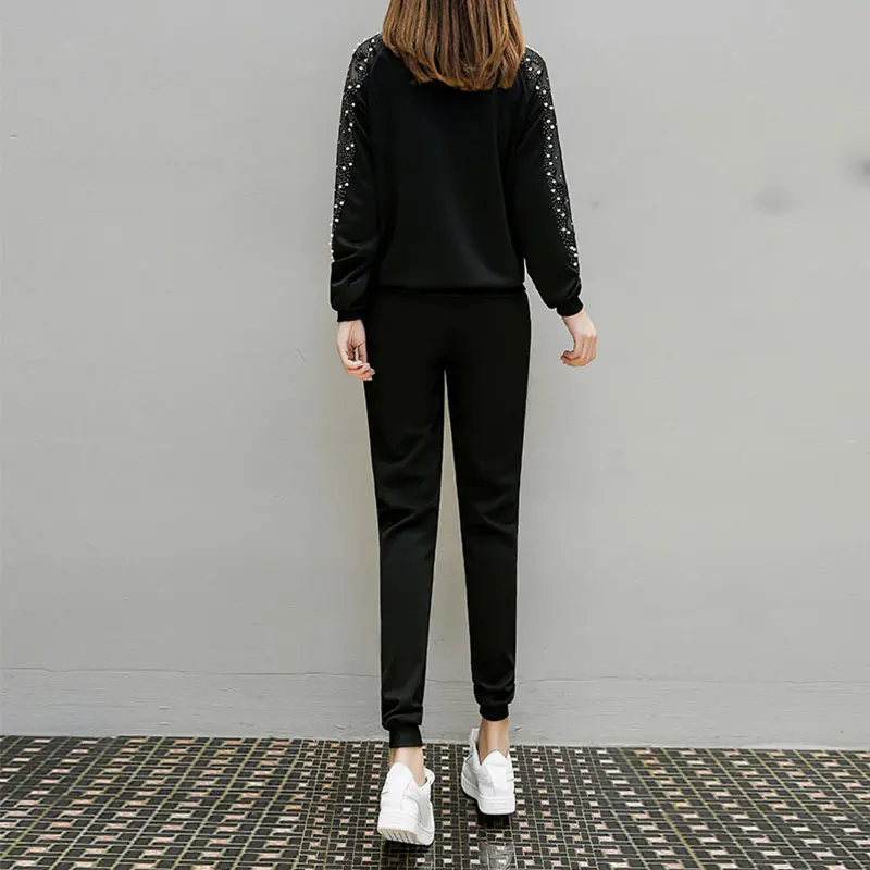 Large Size Spring Black Two Piece Set Women Long Sleeve Hollow Beaded 2 Piece Set Women Round Neck Elastic Waist Suit Female 122