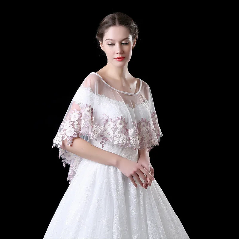 JaneVini Spring Summer Bolero for Brides Pink Lace Appliques Bridal Capes Shawls Wraps Wedding Dress Cloak Tulle Boleros Jacket