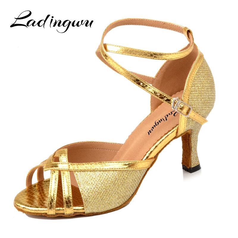 Ladingwu Glitter Latin Dance Shoes Women Salsa wholesale Spot Party Ballroom Shoes Dance For Woman Golden Dance Sandals Ladies