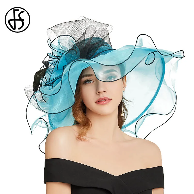 FS-Wide Brim Fascinator للنساء ، قبعة زفاف أنيقة ، أورجانزا صيفية ، قبعة شمس للشاطئ ، سيدات ، أزرق ، زهرة وردية ، قبعات ديربي كنتاكي