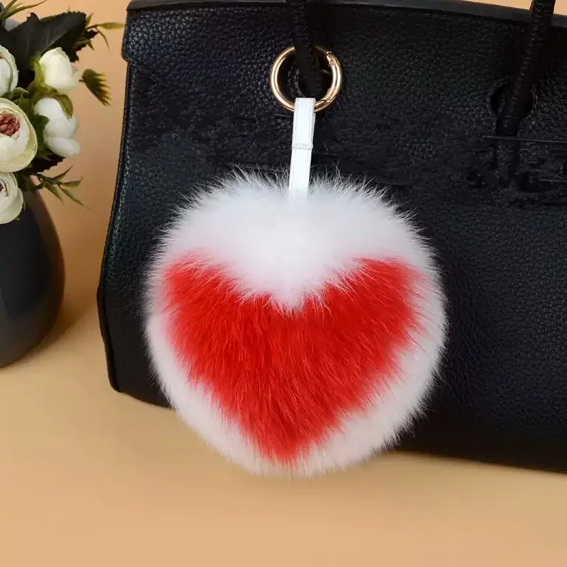 Luxury Fox Fur letter PomPom Heart Fluffy Keychain Keyring For Handbag Charm Handmade Porte Clef Gift Decoration