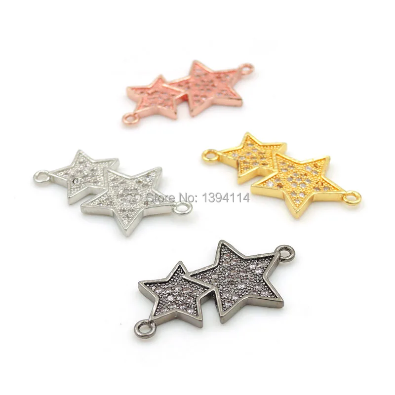 25*13*2mm Micro Pave Clear CZ Combination Connector Of 2 Stars Fit For Women As DIY Bracelets Accessory