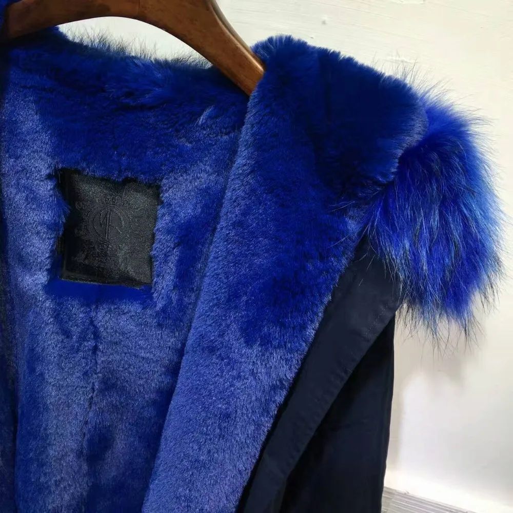 Navy Long Parka Blue Faux Fur Lining Beads Overcoat Real Raccoon Fur Winter Nice Coat