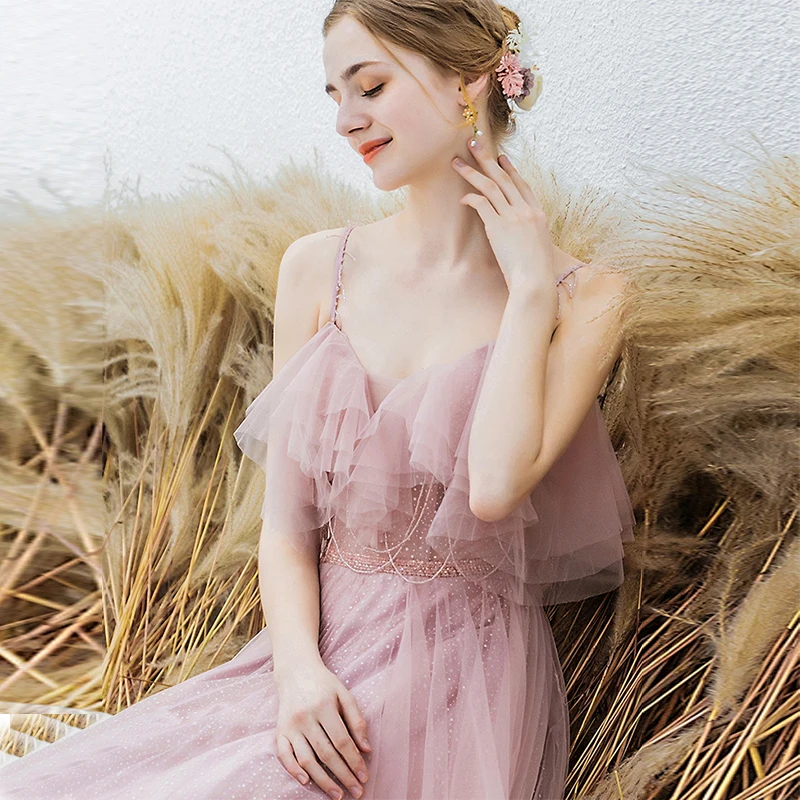 Vestidos largos De graduación, vestido Formal De fiesta con corte en A, tirantes finos, volantes, escote 2019, banda De cuentas, borla, Vestidos De Graduación