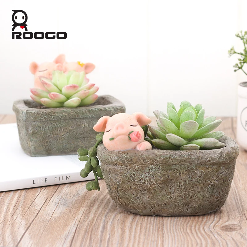 

Roogo 4 Patterns Creative Cute Figurine Pig Home Garden Decorations Zakka Handicraft Desktop Animal Planter Ornaments