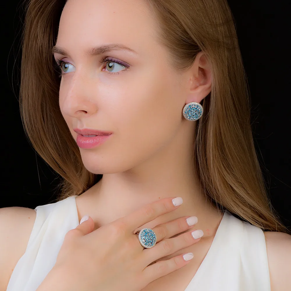 GEM\'S BALLET 11.05ct Round Natural Blue Topaz Gorgeous Jewelry Sets Pure 925 Sterling Silver Earrings Ring Set For Women Wedding