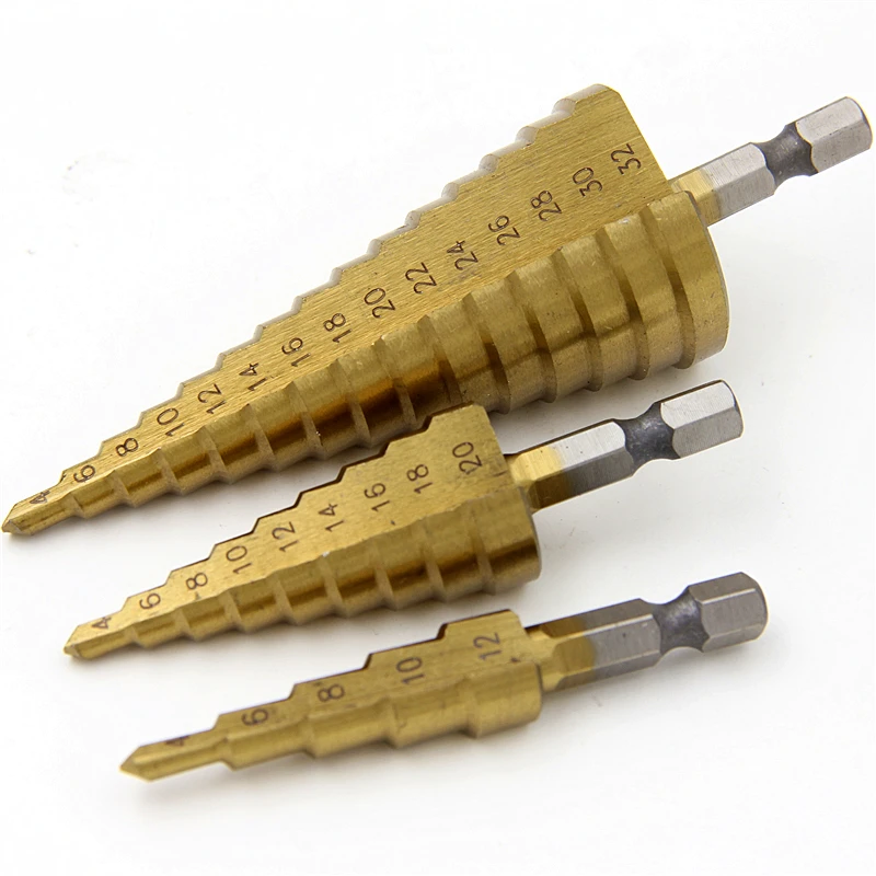 3 stücke 4241 HSS Schritt Bohrer Bits1/4 Hex Schaft 4mm Zu 12mm20mm32mm Holz Metalwoking Bohrer Werkzeug set Loch Cutter