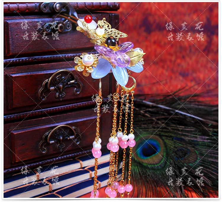 Die Lian Hua Butterfly Lover Flower Colored Flower Tassel Hair Stick Bride Wedding Hair Stick Photography Hair Accessory