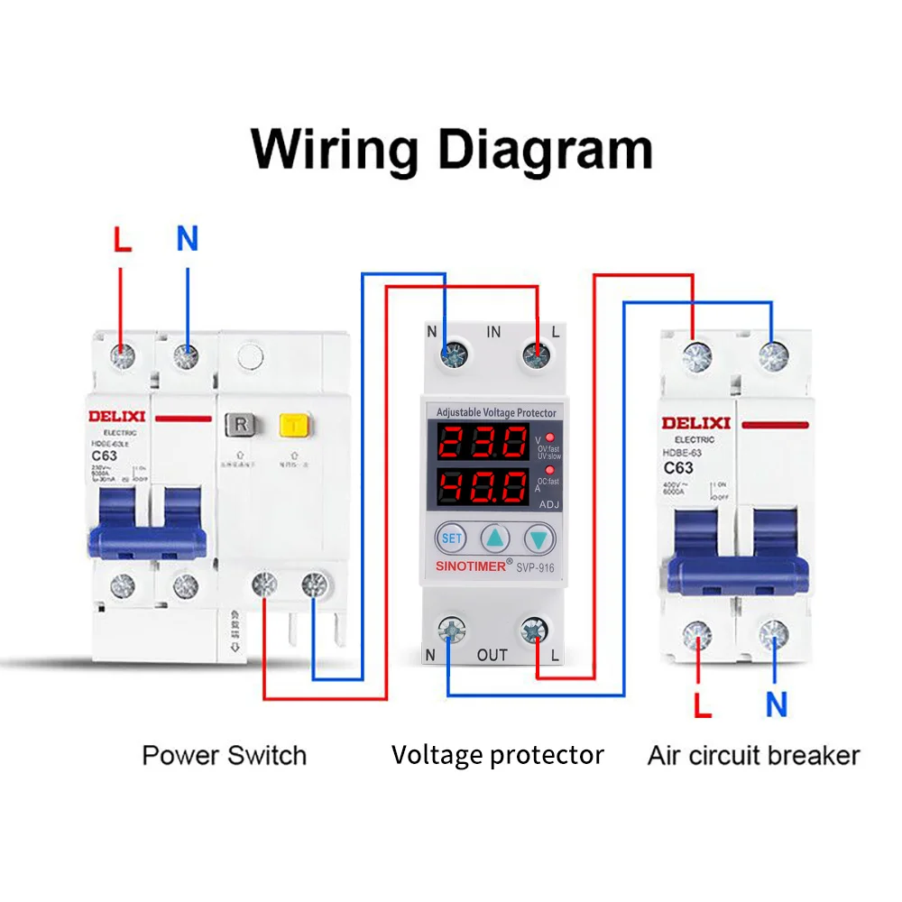 SVP-916 6A 10A 40A 63A 80A Over Voltage Protection Limit Current Dual Display Surge Protector 220V Automatic  Voltage Relay